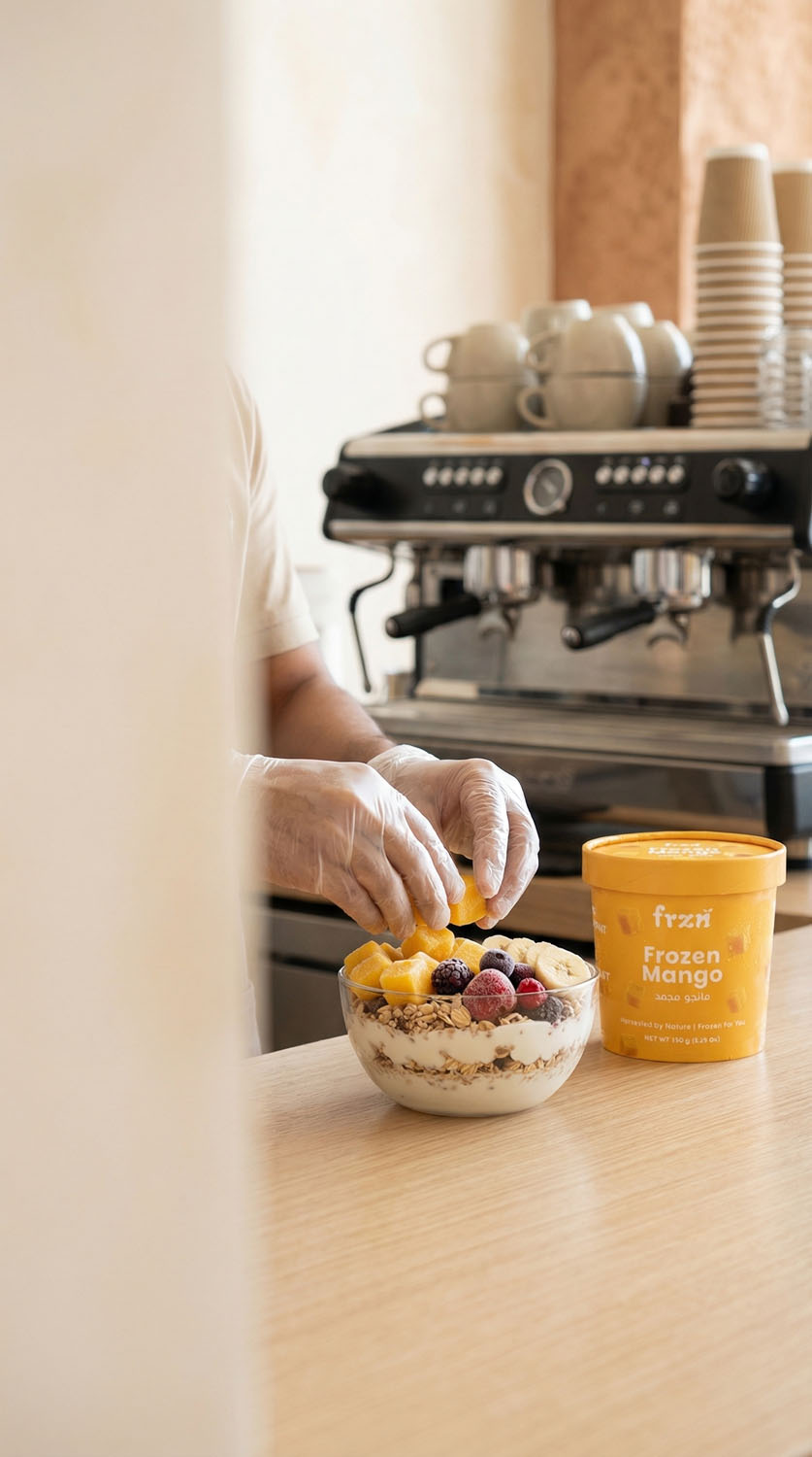 Barista serving frzn frozen fruit cups in a café