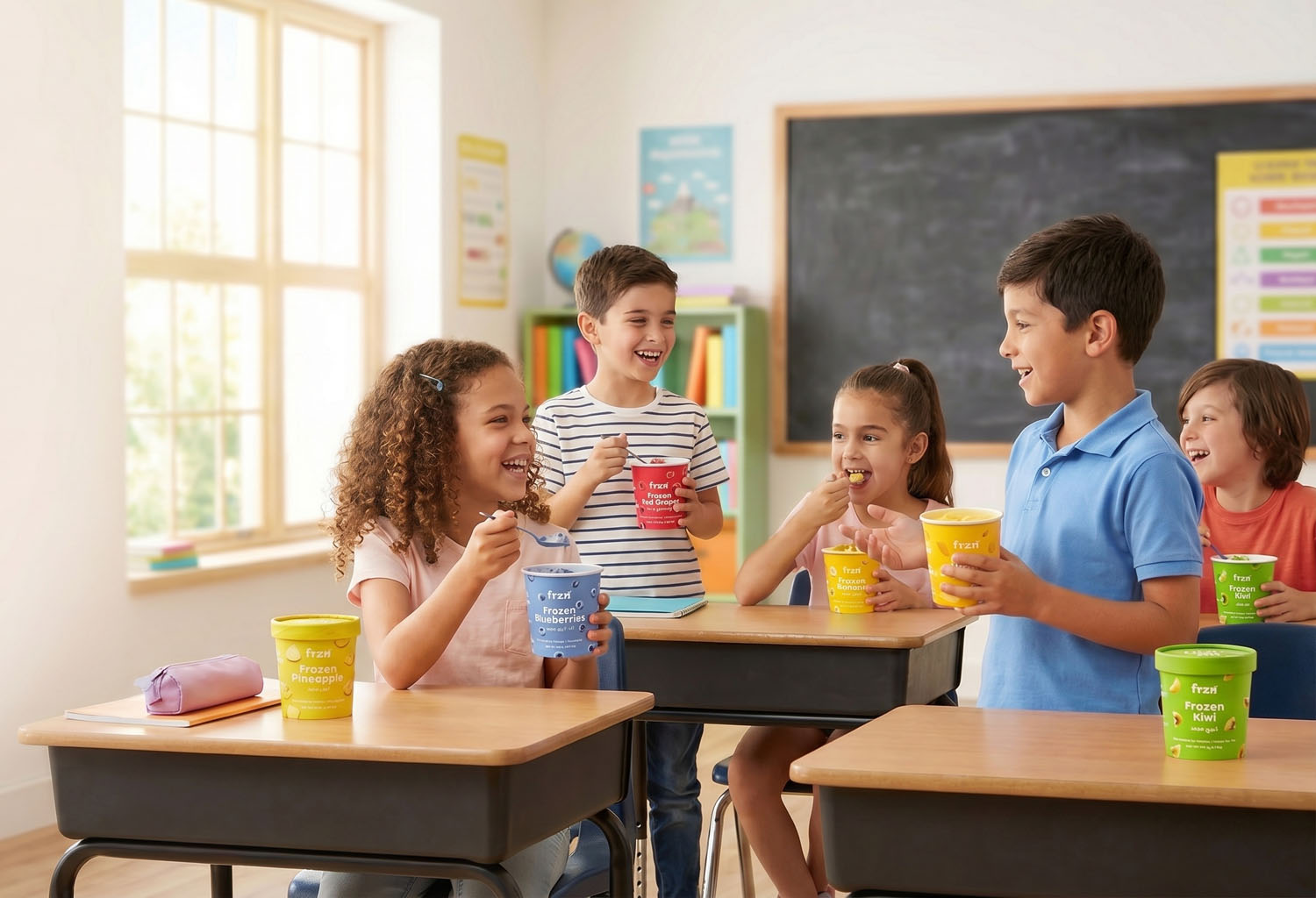 Children snacking on frzn fruit cups at a school