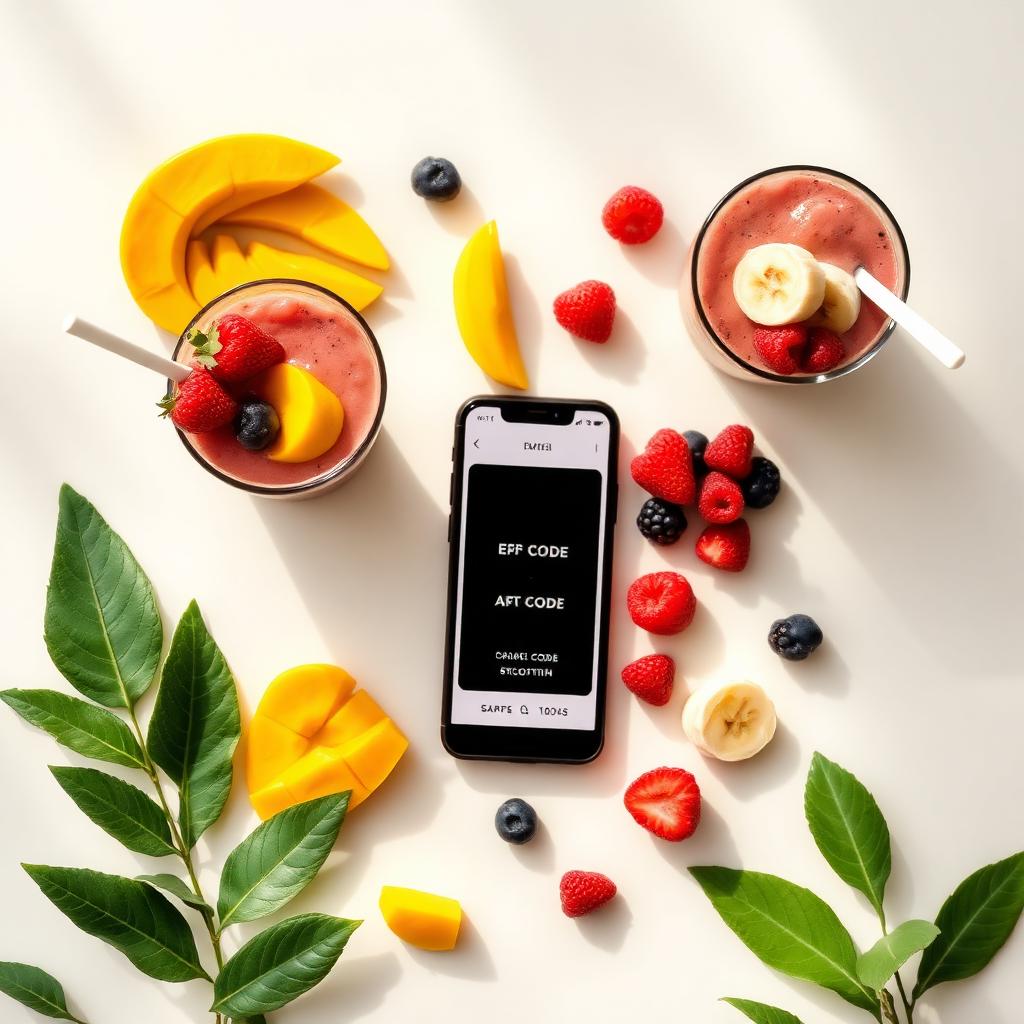 Frozen fruit cups with fresh mango and berries beside a phone showing an ambassador code